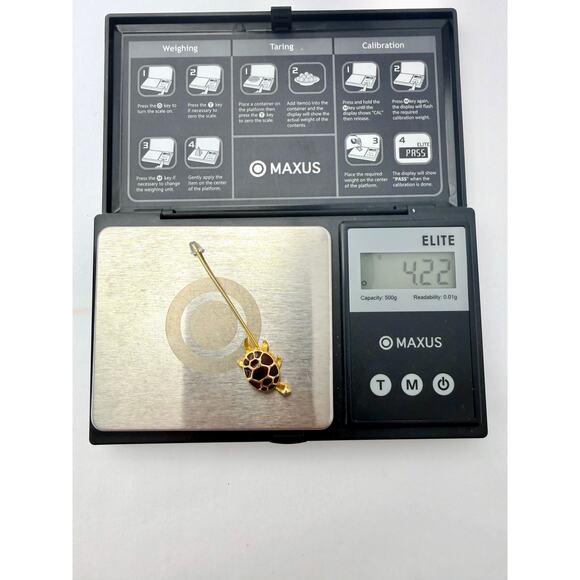 Vintage 70s Turtle Stick Pin Green Enamel Shell Gold Tone Lapel Hat Pin - Picture 10 of 10